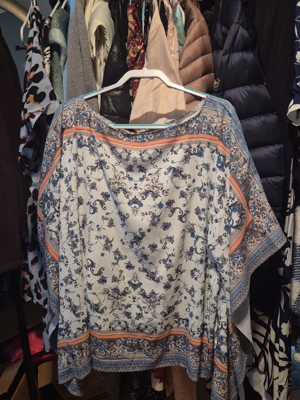 SHEIN White Blouse with Blue Floral Print and Peach Trim